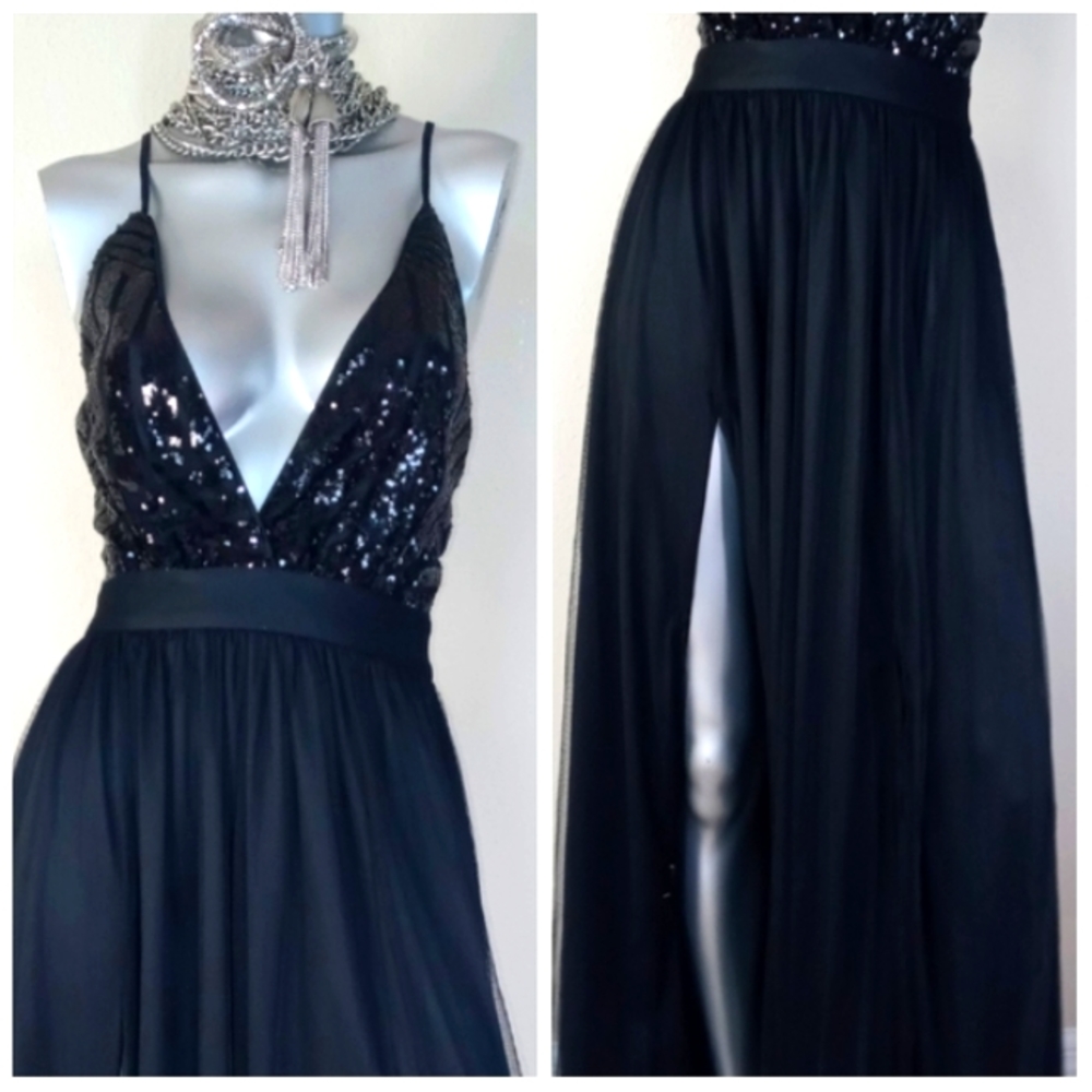 Black Sophisticated Cocktail Party Grunge Fairy Core Sequin Top Maxi Dress - Picture 4 of 16